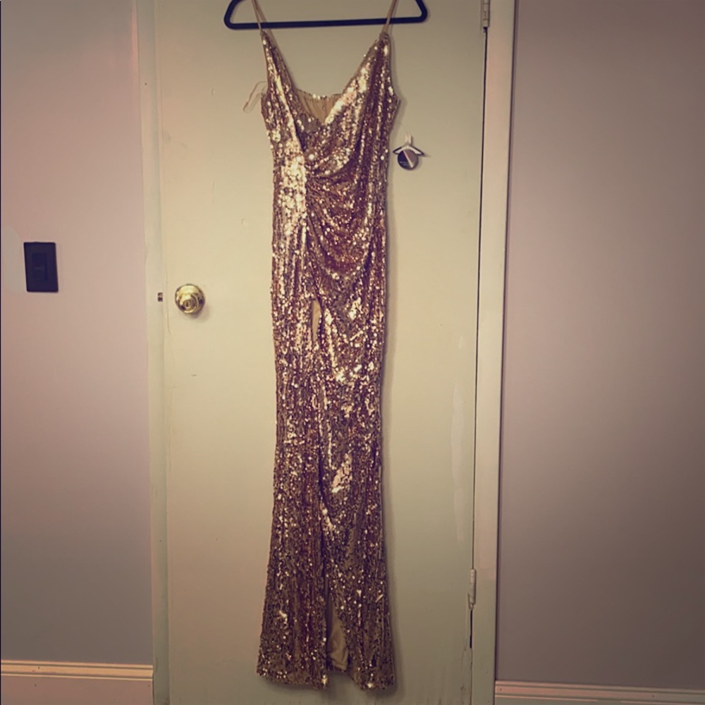 Rose Gold Sequins  Ruched Slit Gown